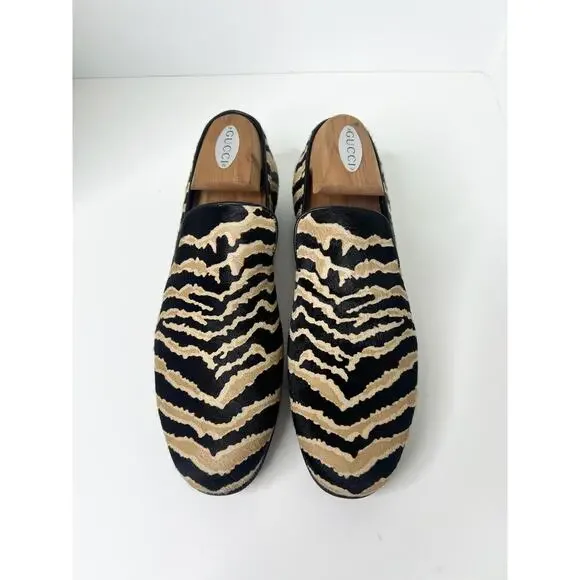 Gucci Pony Hair Black & Tan Zebra Print Loafers, Size 7